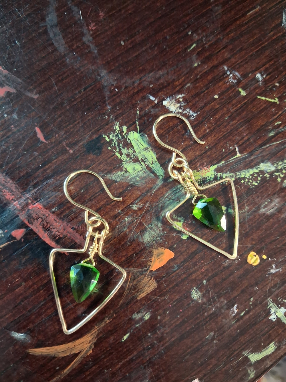 Gold Triangle Drop Earrings with Deep Green Crystal